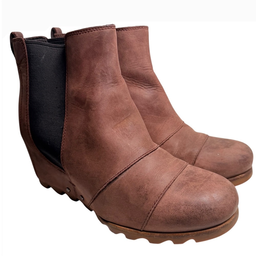 Sorel Lea Wedge Chelsea Boots Brown Leather Womens 11 EU 42 Ankle Booties